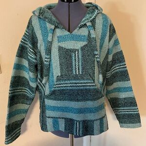 Molina Baja Hoodie Pullover Black Teal Stripe Poncho Blanket